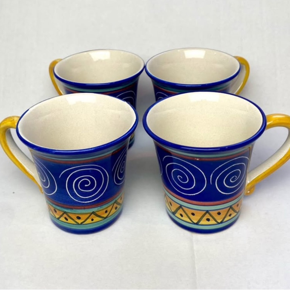 4 Pier 1 Italian Swirl Blue and Yellow Hand-Painted Ceramic Coffee Mugs
